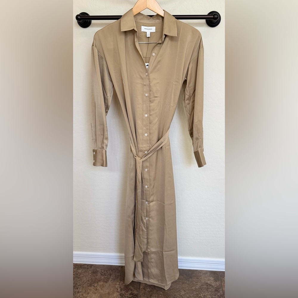 NWT Banana Republic Factory Satin Crepe Tie-Waist Boho Maxi Shirtdress Tan Small
